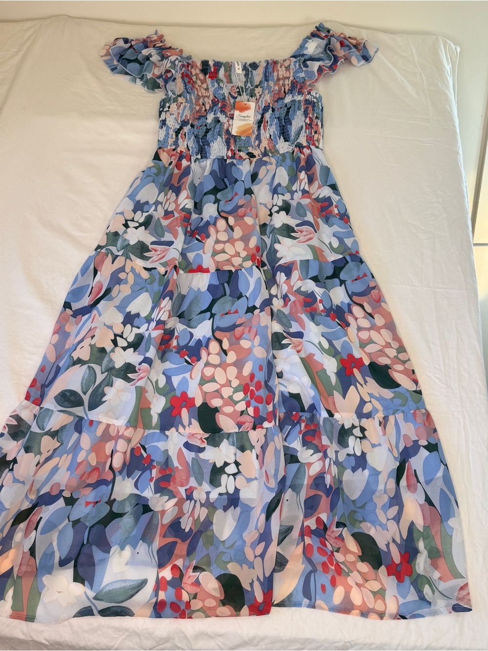 Simple Floral Off-Shoulder Maxi Dress - Blue, Pink, Green